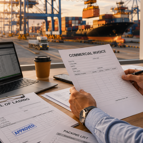 Dokument „Commercial Invoice” trzymany nad biurkiem z dokumentacją eksportową. W tle widoczny terminal kontenerowy, suwnice portowe i statek towarowy, nawiązujące do eksportu i odpraw celnych.