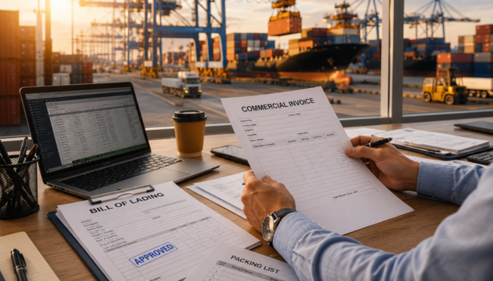 Dokument „Commercial Invoice” trzymany nad biurkiem z dokumentacją eksportową. W tle widoczny terminal kontenerowy, suwnice portowe i statek towarowy, nawiązujące do eksportu i odpraw celnych.