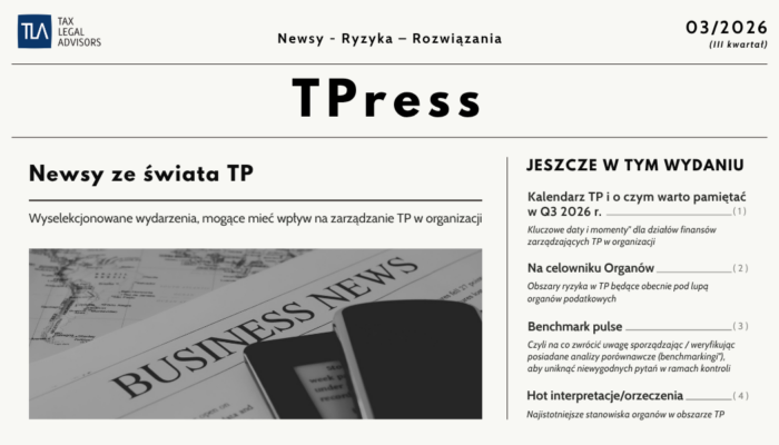 Okładka trzeciego wydania TPress (03/2026, III kwartał) przygotowanego przez TLA Tax Legal Advisors. Na grafice widoczny tytuł „TPress”, sekcja „Newsy ze świata TP” z ilustracją gazety oraz spis treści obejmujący: kalendarz TP i zadania na Q3 2026 r., obszary ryzyka w cenach transferowych, Benchmark Pulse oraz najważniejsze interpretacje i orzeczenia.